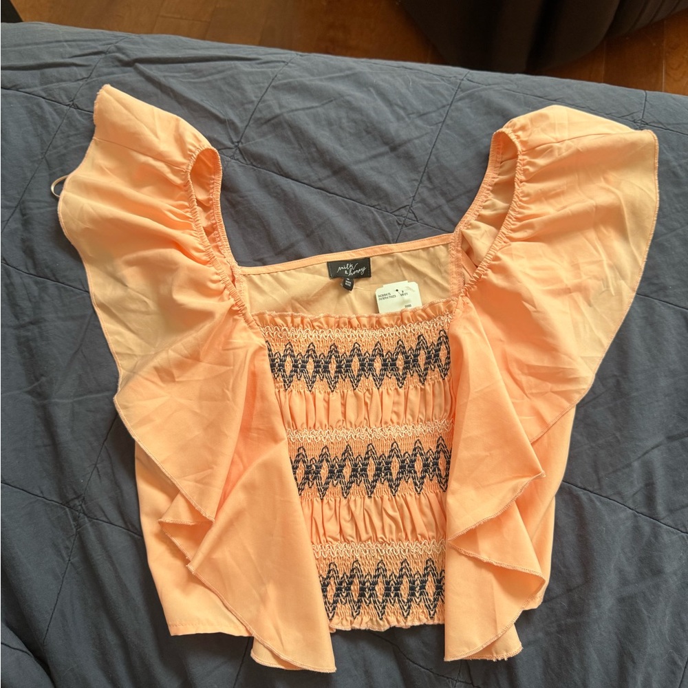 Smocked Ruffle Crop Top in Peach with Embroidered Detail
